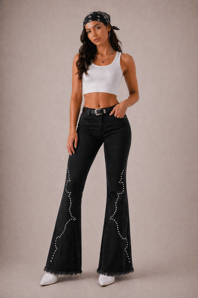 GJG Denim Santa Fe Studded Bell Bottom Jeans — Black-2
