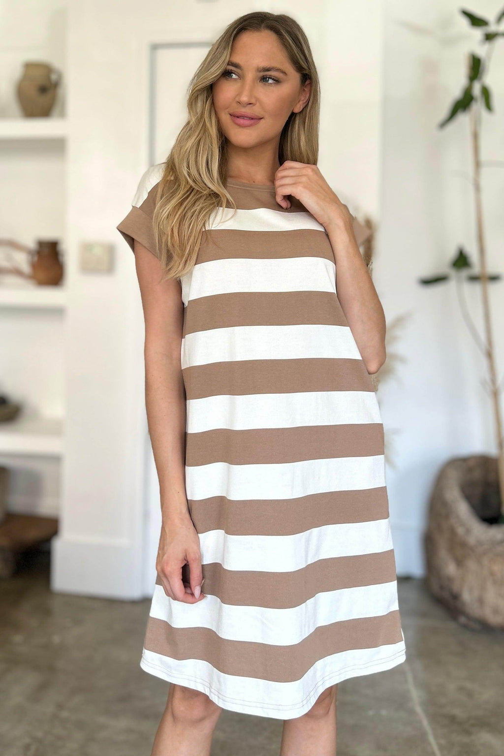 Basic Bae Full Size Striped Round Neck Cap Sleeve Mini Dress-1