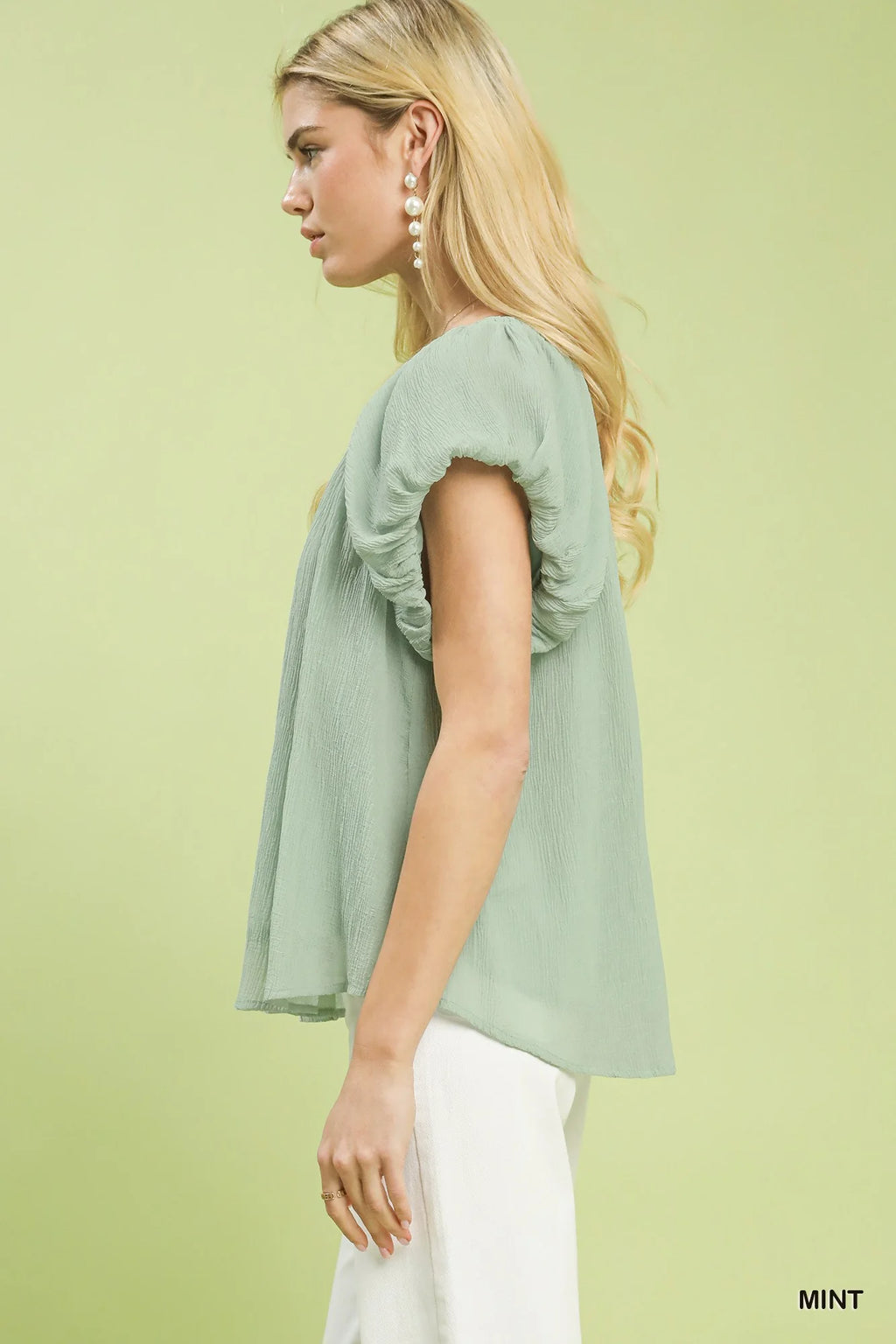Umgee Crinkle Flutter Sleeve Peasant Top in Mint-1