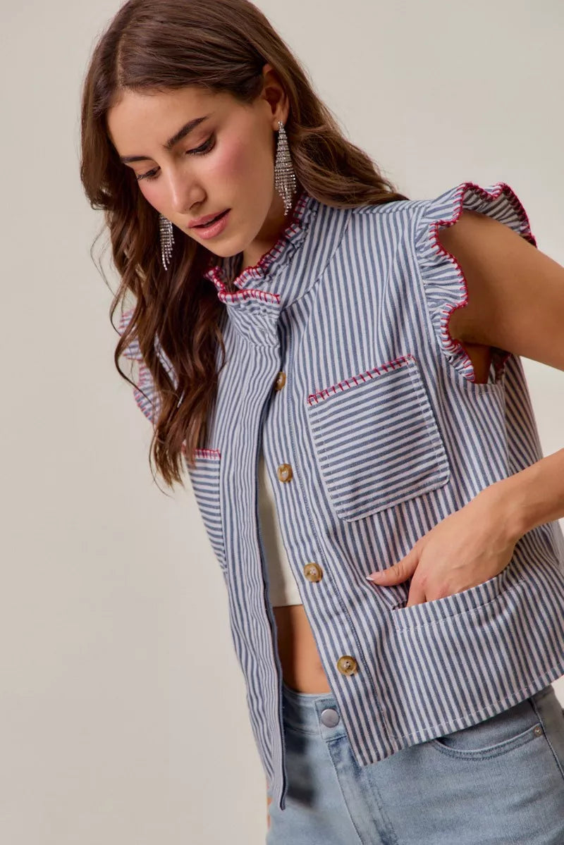 SO ME Stripe Twill Stitch Ruffled Hidden Button Vest Top-4
