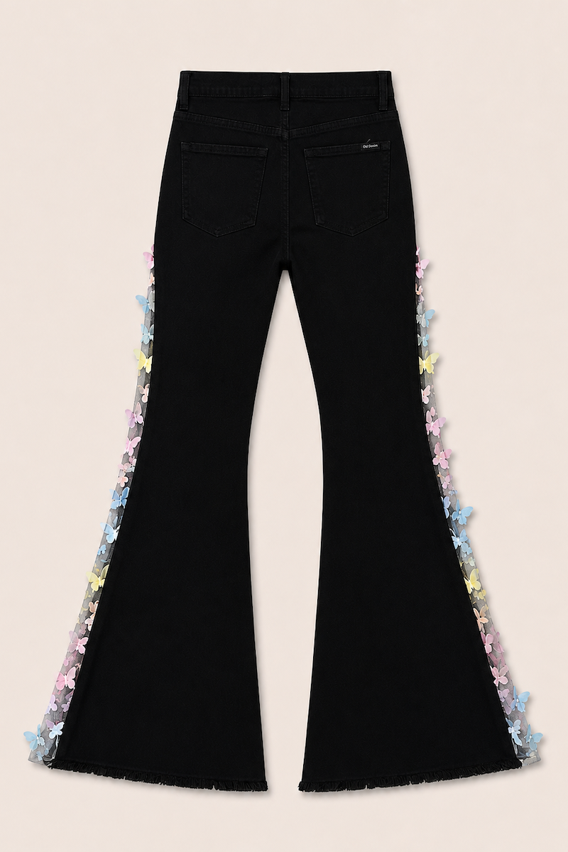 GJG Denim Mariposa Muse Butterfly Lace Bell Bottom Jeans — Black-3