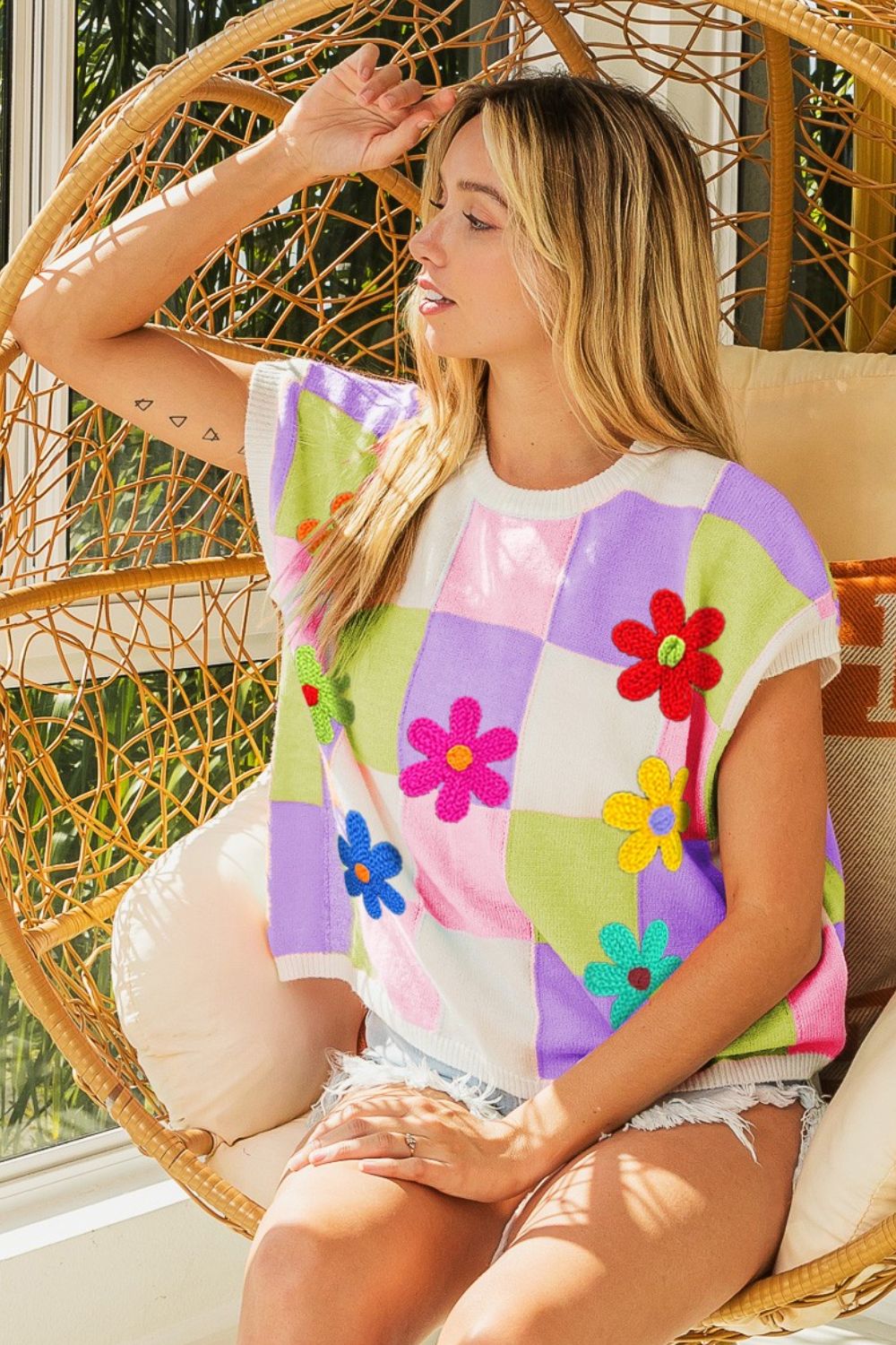 BiBi Flower Patch Checkered Sweater Vest-0
