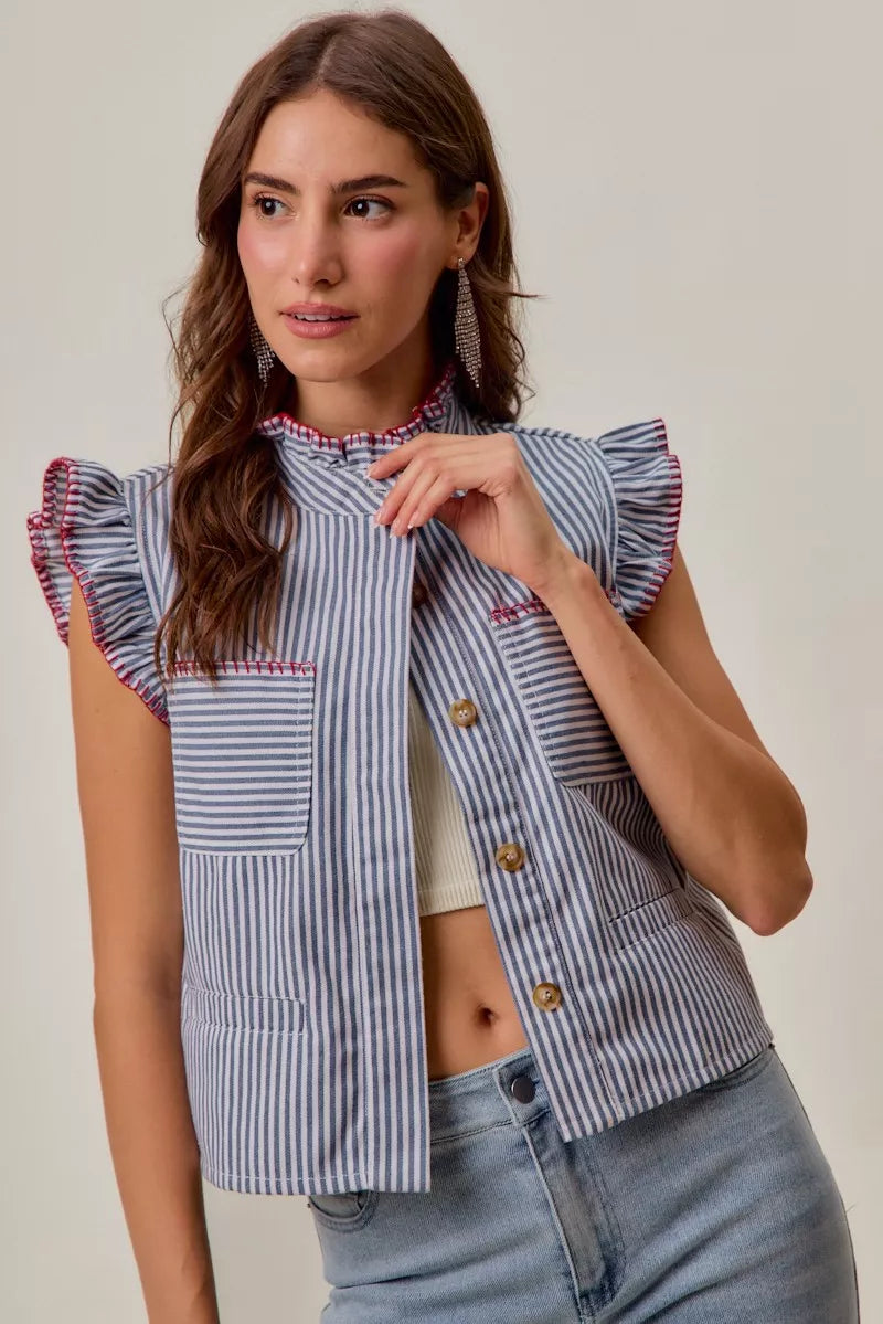 SO ME Stripe Twill Stitch Ruffled Hidden Button Vest Top-3