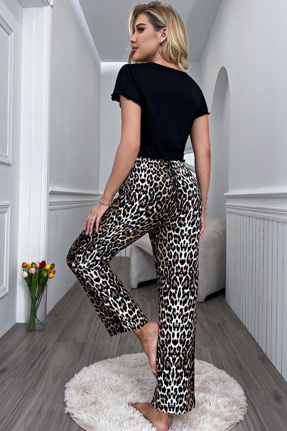Lettuce Trim Cropped T-Shirt and Leopard Pants Lounge Set-1