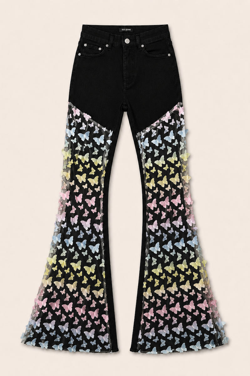 GJG Denim Mariposa Muse Butterfly Lace Bell Bottom Jeans — Black-1
