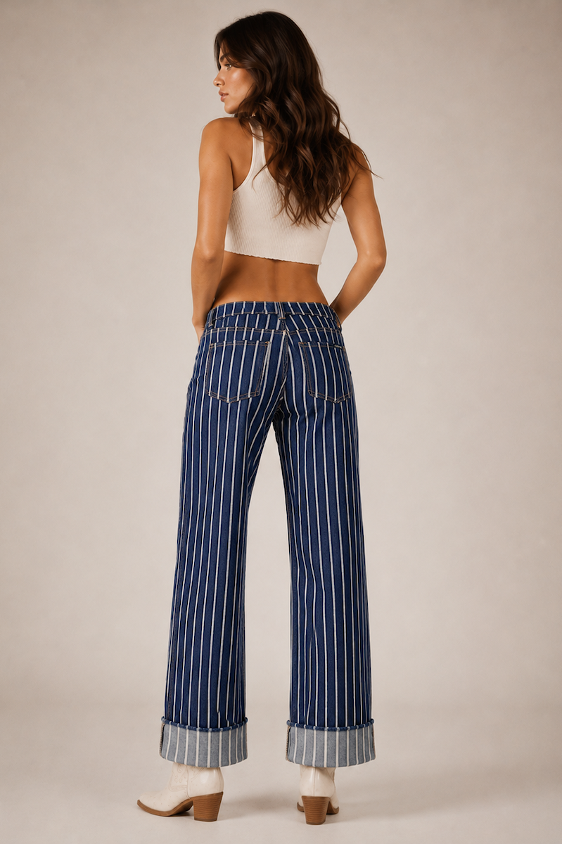 GJG Denim Star Chaser Low-Rise Pinstripe Wide-Leg Jeans-1