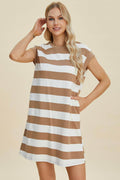Basic Bae Full Size Striped Round Neck Cap Sleeve Mini Dress-0