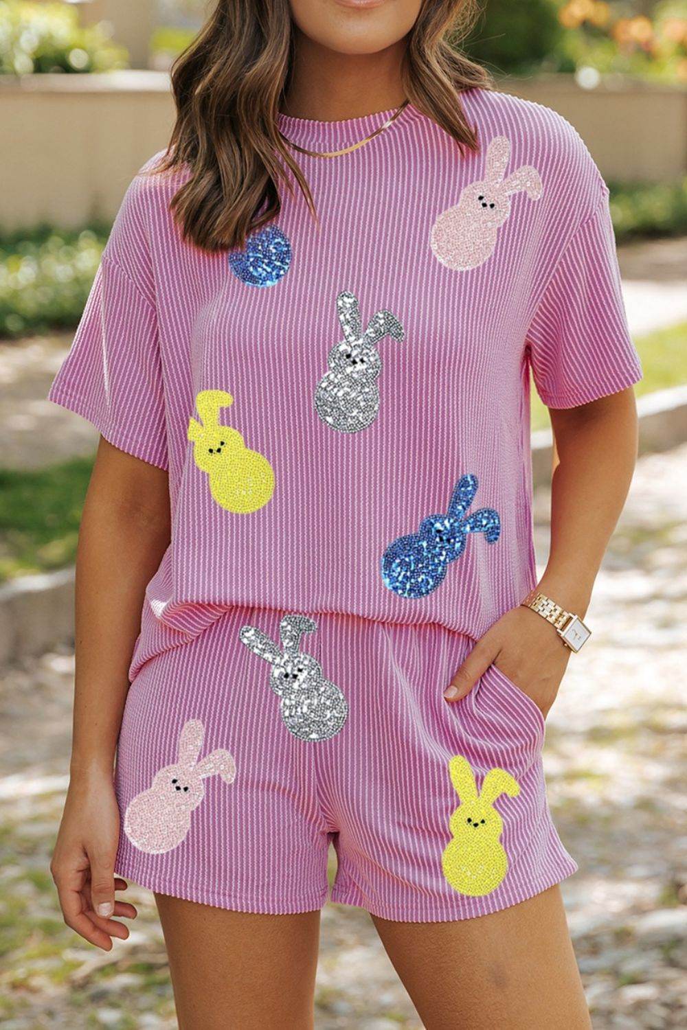 Ribbed Sequined Easter Bunny T-Shirt and Shorts Set-2