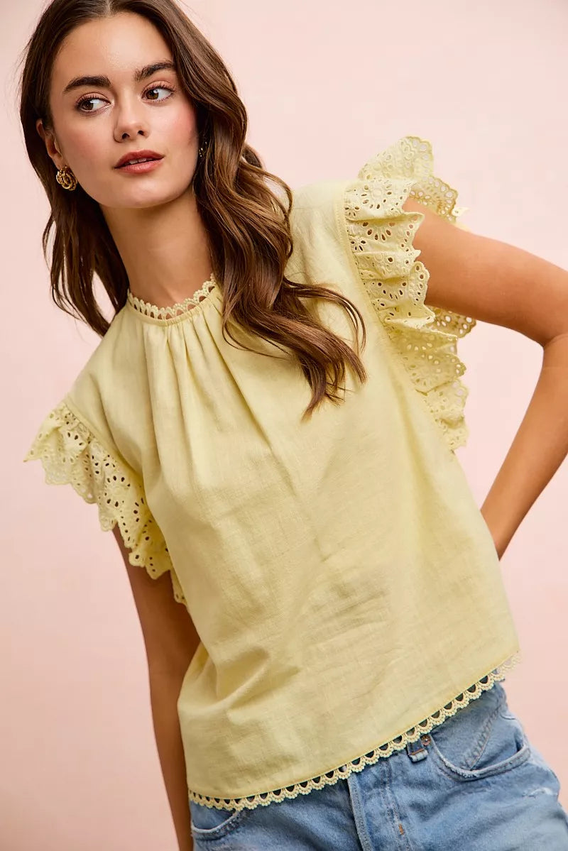 BiBi Cotton Solid Ruffle Sleeve Lace Detail Blouse Top-3