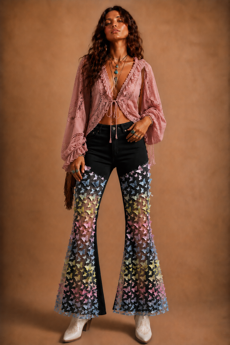 GJG Denim Mariposa Muse Butterfly Lace Bell Bottom Jeans — Black-0