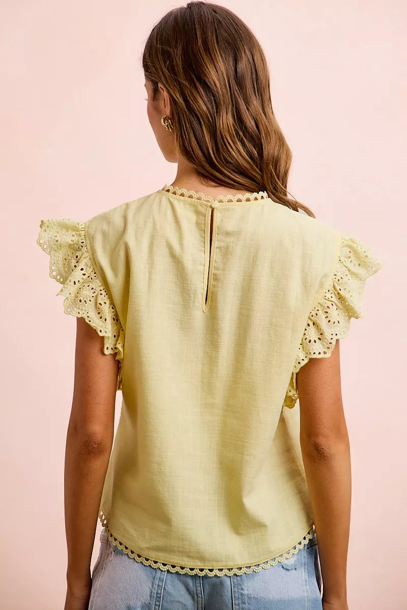 BiBi Cotton Solid Ruffle Sleeve Lace Detail Blouse Top-1