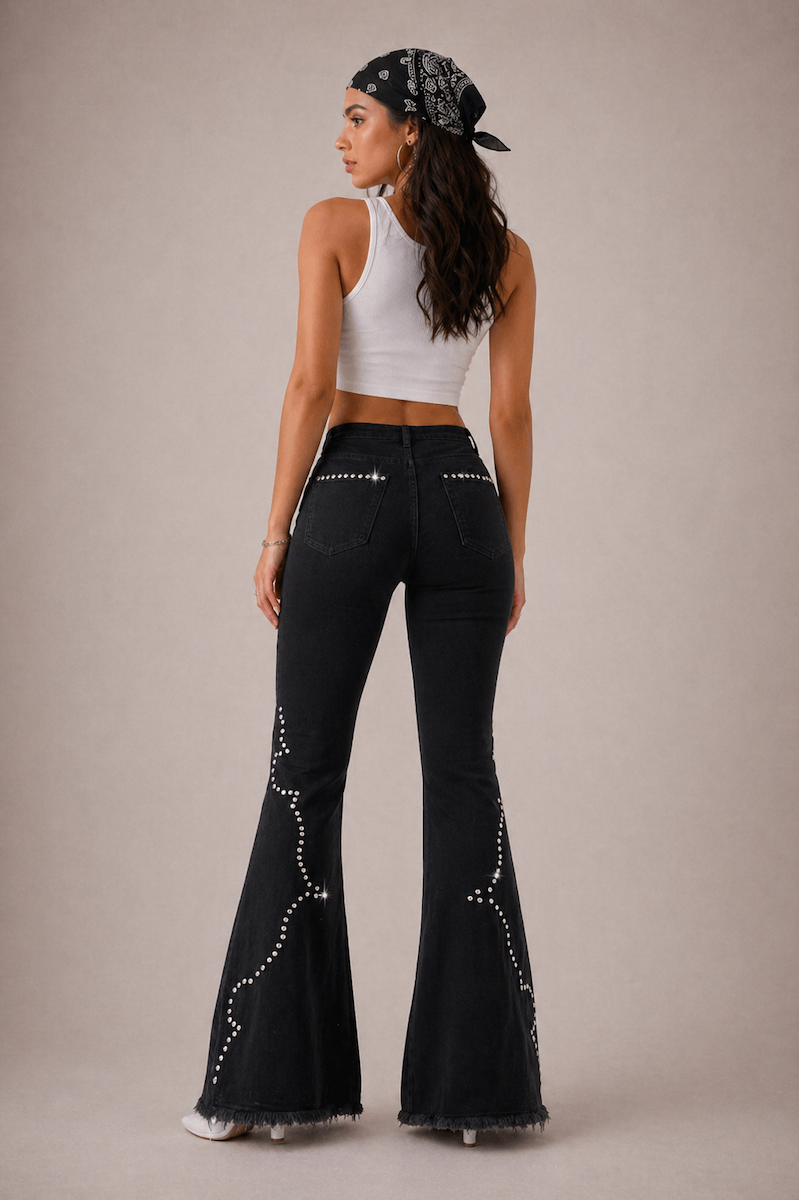 GJG Denim Santa Fe Studded Bell Bottom Jeans — Black-1