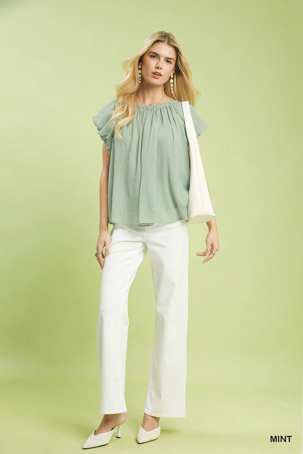 Umgee Crinkle Flutter Sleeve Peasant Top in Mint-4
