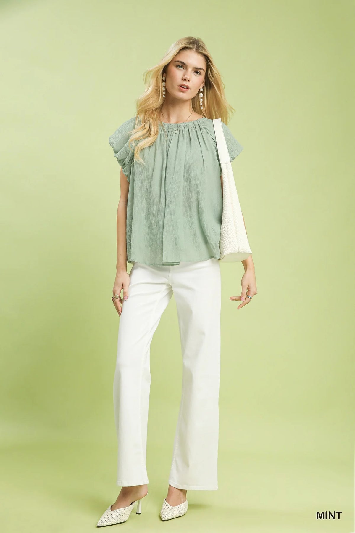 Umgee Crinkle Flutter Sleeve Peasant Top in Mint-4