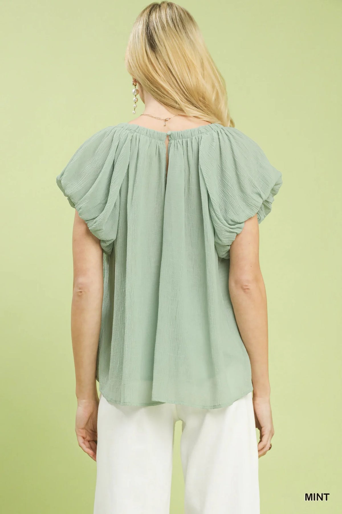 Umgee Crinkle Flutter Sleeve Peasant Top in Mint-2
