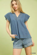 Umgee Cap Sleeve Denim Top-0