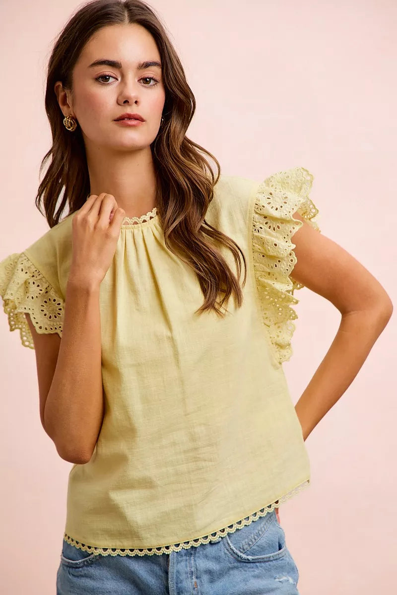 BiBi Cotton Solid Ruffle Sleeve Lace Detail Blouse Top-0