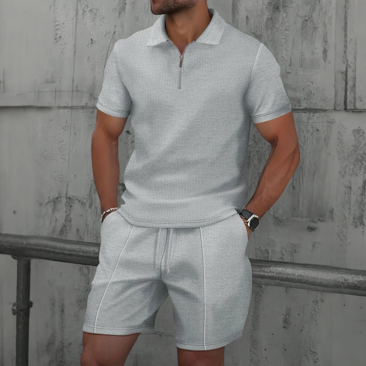 Waffle solid color zip-up lapel short-sleeve suit