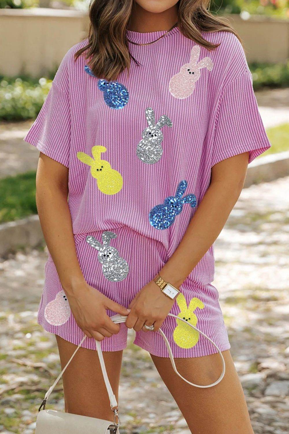 Ribbed Sequined Easter Bunny T-Shirt and Shorts Set-0