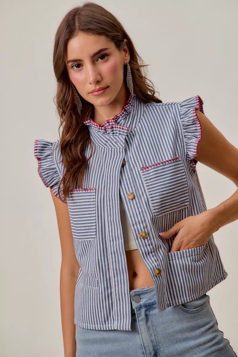 SO ME Stripe Twill Stitch Ruffled Hidden Button Vest Top-0