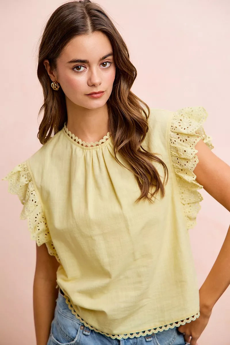 BiBi Cotton Solid Ruffle Sleeve Lace Detail Blouse Top-4