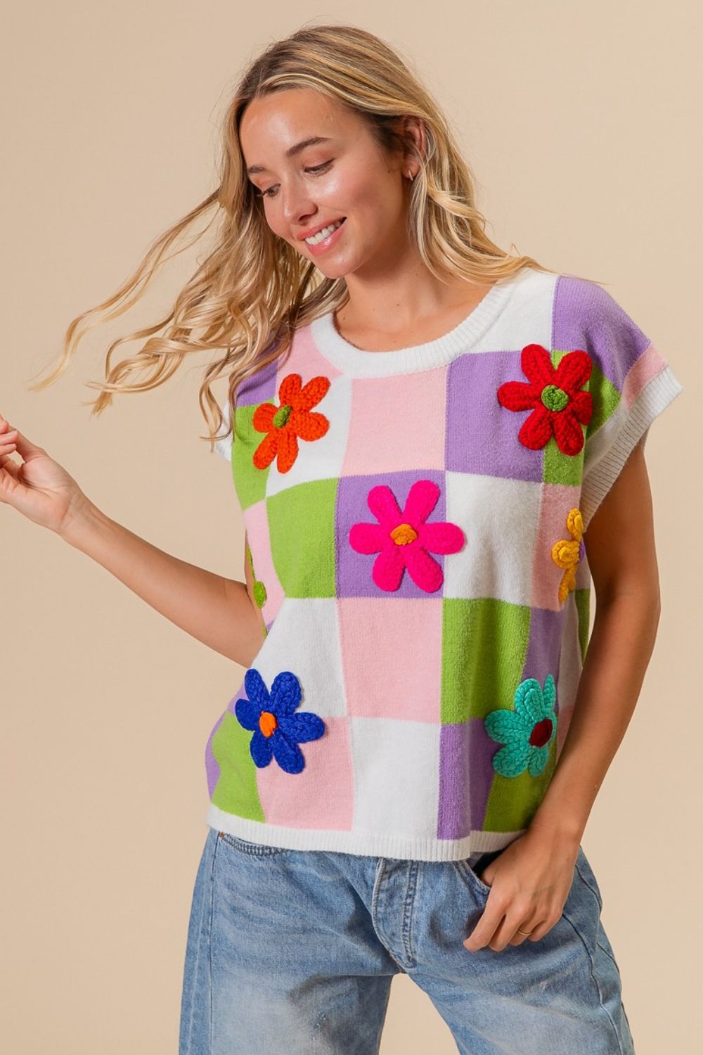 BiBi Flower Patch Checkered Sweater Vest-1