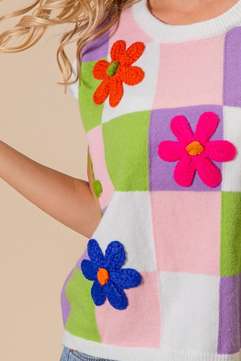 BiBi Flower Patch Checkered Sweater Vest-2
