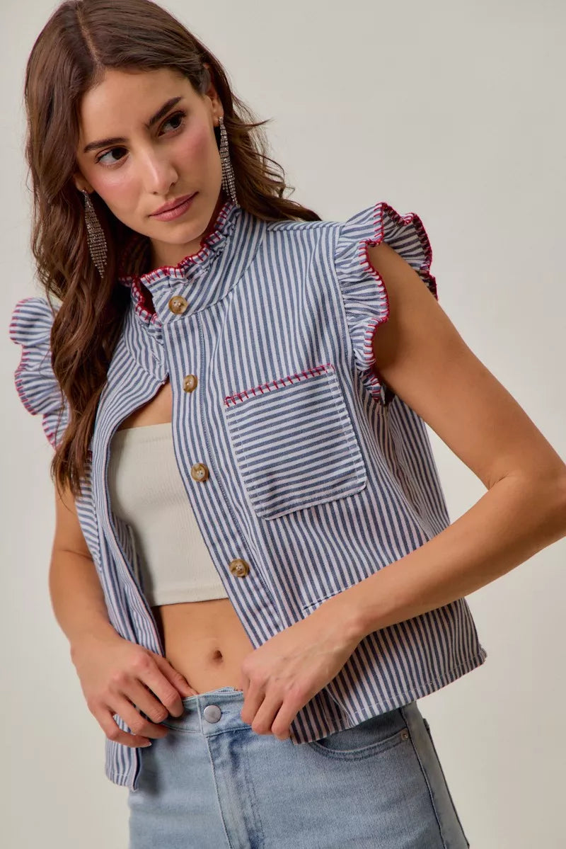 SO ME Stripe Twill Stitch Ruffled Hidden Button Vest Top-2