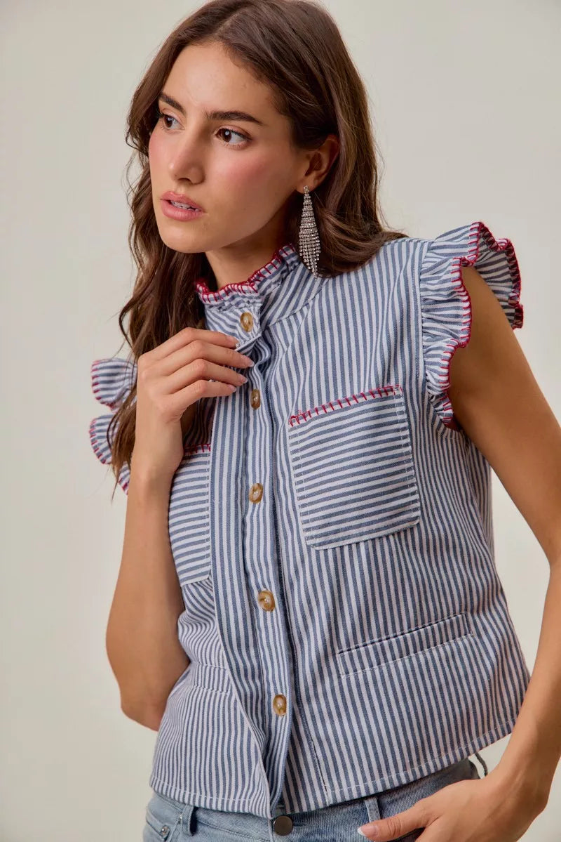 SO ME Stripe Twill Stitch Ruffled Hidden Button Vest Top-1