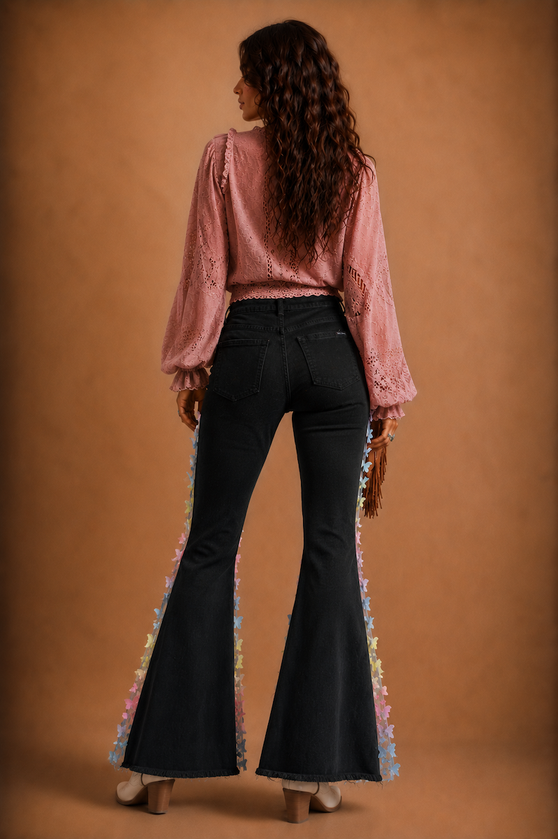GJG Denim Mariposa Muse Butterfly Lace Bell Bottom Jeans — Black-2