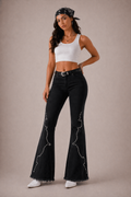 GJG Denim Santa Fe Studded Bell Bottom Jeans — Black-0