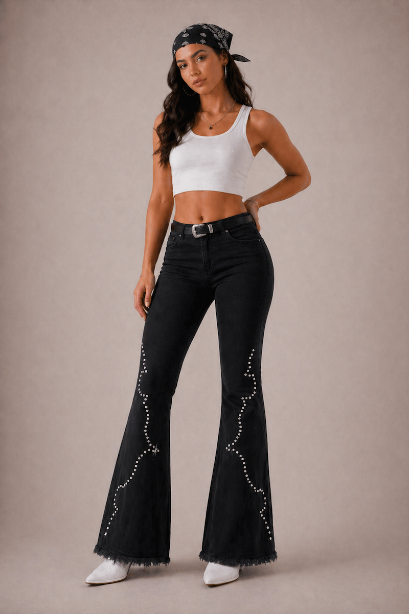 GJG Denim Santa Fe Studded Bell Bottom Jeans — Black-0
