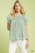Umgee Crinkle Flutter Sleeve Peasant Top in Mint-0