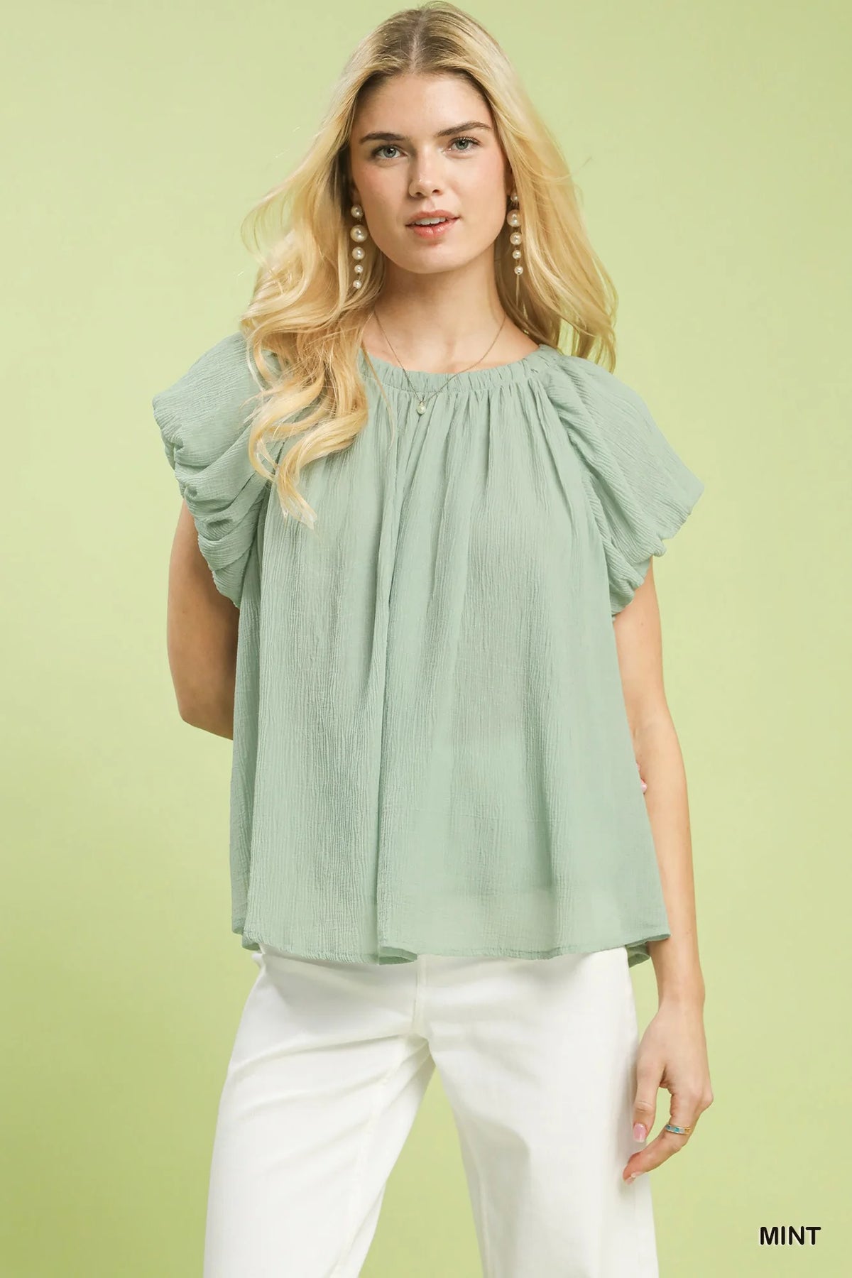 Umgee Crinkle Flutter Sleeve Peasant Top in Mint-0