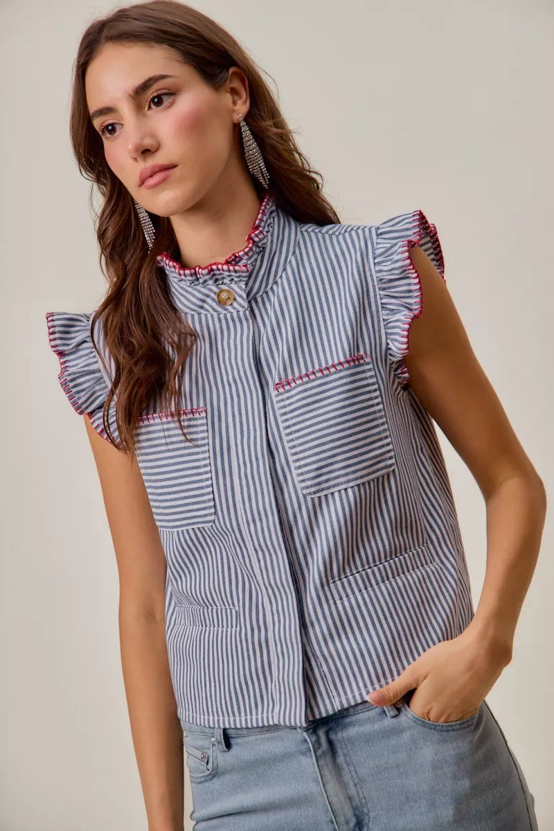 SO ME Stripe Twill Stitch Ruffled Hidden Button Vest Top-5
